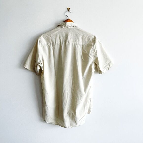 Quiksilver Mens Button Down Casual Short Sleeved Shirt Off White Tan Medium - Picture 2 of 7